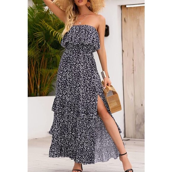 Boho Printed Tiered Ruffle‎ Strapless Layered Flowy Long Summer Maxi Dress - Picture 2 of 6